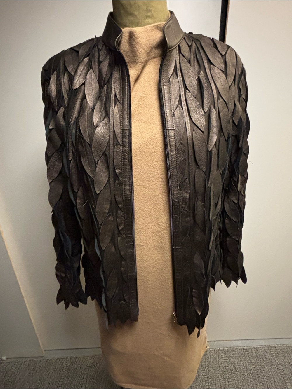 Women’s Bronze Leaf-Detail Leather Jacket